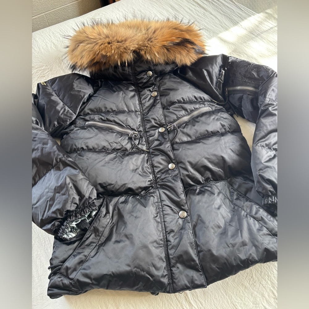 Women's Black Duck Down Puffer Jacket with Real Fur Trim